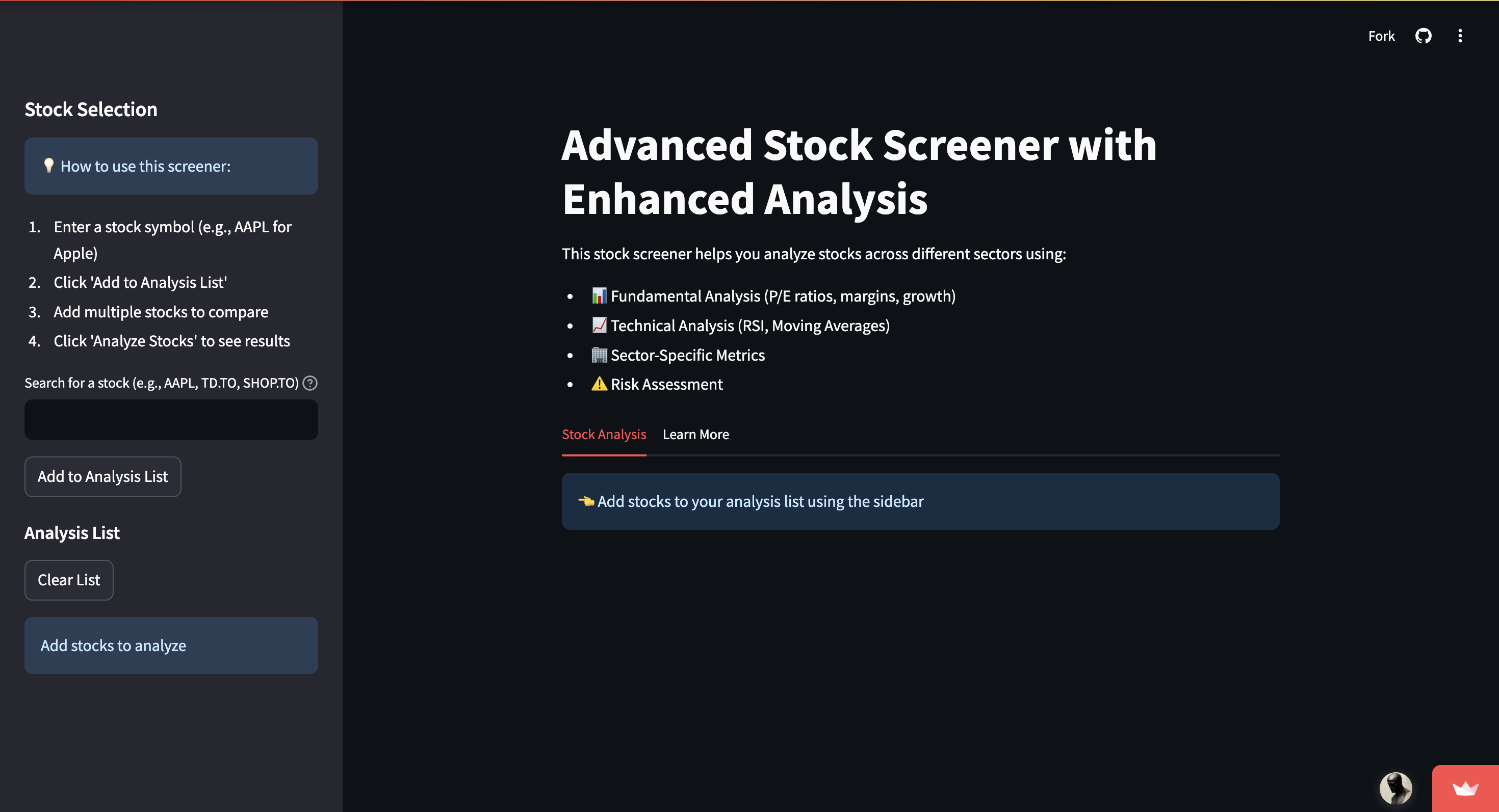Stock screener main dashboard